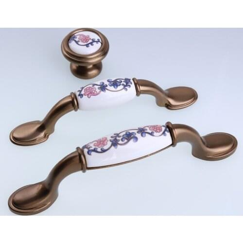 76mm 96mm retro style rural ceramic kitchen cabinet cupboard door handles bronze drawer tv cabinet dresser knobs pulls 3" 3.75"