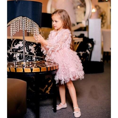 Customized Long Sleeve Girls Dress Knee Length Flower Girl Feather Dress Baby Girl Birthday Dress Christmas Dress AG0430
