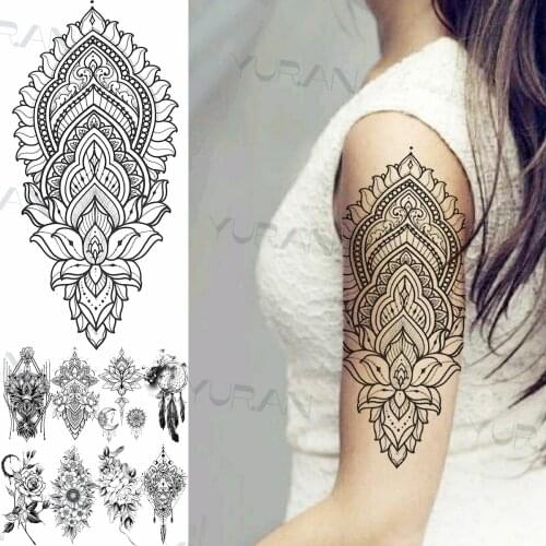 Henna Large Lotus Flower Tatoo Sticker For Women Men Adult DreamCatcher Tiger Snake Moon Temporary Tattoo Fake Arm Tatoo