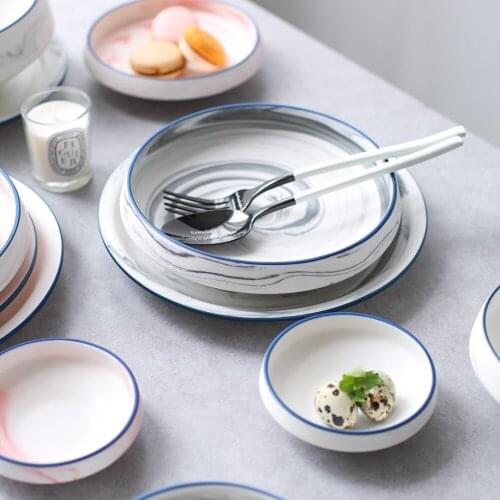 Europe style ceramic dinner plates pigmented ins popular marble printed cutlery rice bowl soup bowls pink blue dishes and plate