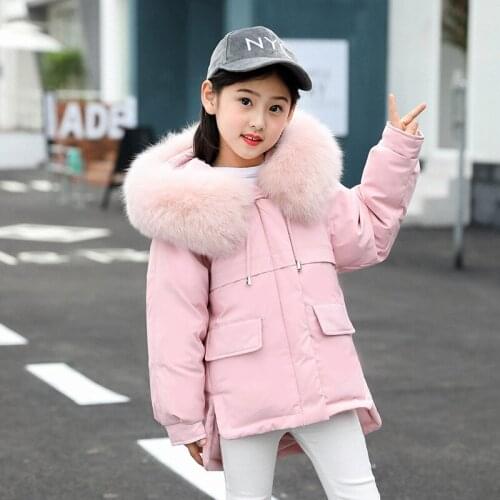 Girls Big Fur Hooded Solid Color Loose Fit Thick Warm Winter Outdoor Jackets Casual Winter Down Coats