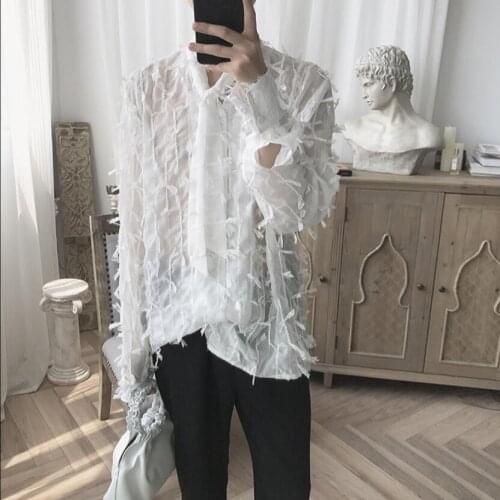 Summer Men Tie Loose Silhouette Korean Style Simple Fashion Sunscreen Shirt Hairstylist Nightclub Dj Singer Long Sleeve Shirts
