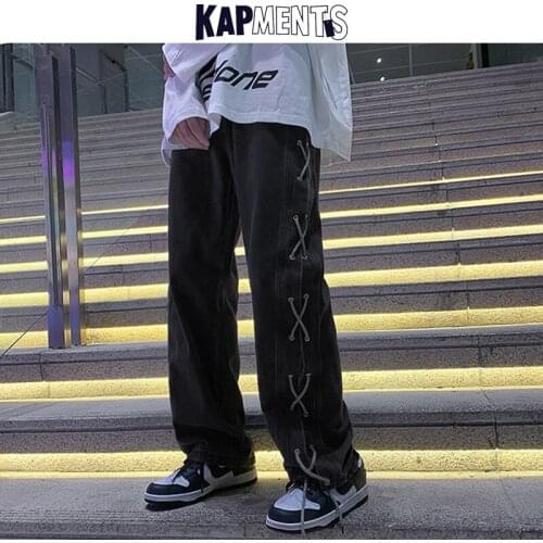 KAPMENTS Men Patchwork Designer Harajuku Jeans Pants 2021 Mens Black Baggy Streetwear Denim Trousers Male Wide Leg Y2k Joggers
