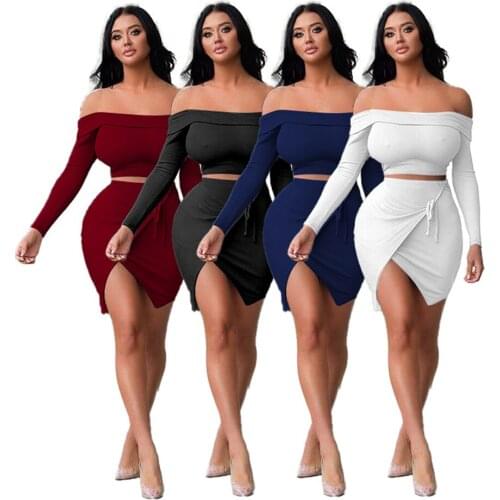 Fall Two Piece Set Women Off-the-shoulder Tops Pure Color Fashion Casual Commuter Lace-up Sexy Skirt Suit Wholesale Dropshipping