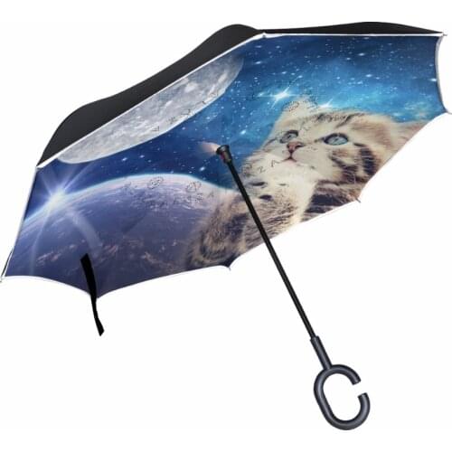 Custom Cute Cat Reverse Umbrella Windproof Double Layer Inverted Umbrella Cat Praying to the Starry Sky Women Umbrellas Rain