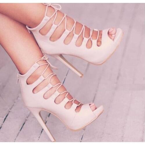 Drop Shipping Summer New Woman Suede Cuts Out Gladiator Cage Sandals Cross Lace Up Front Stiletto Heels Peep Toe Sandals Shoes