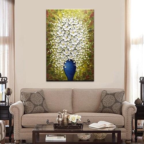 Handmade Modern Abstract 3D Oil Painting On Canvas White Flower In Blue Vase Vertical Wall Art For Bedroom Living Room Decor Hot