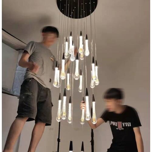 Modern Luxury Duplex Cuilding Villa Staircase LED Chandelier Golden Water Drop Long Chandelier Dining Living Room Art Chandelier