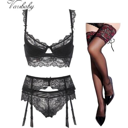 Varsbaby Ladies Sexy Lace Ultra-Thin Push Up Bra Sets 4Pcs Bra+Panties+Garter+Stockings