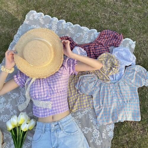 Women Plaid Print Square Collar Blouse Puff Sleeve Short Sleeve Korean Style Sweet Shirt