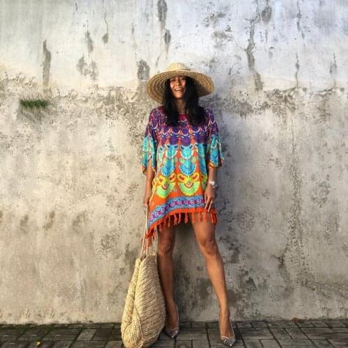 Peacock Feather Round Neck Tunic Languid Silhouette Plus Size Women Tops Mini Dress Hem Fringe Batwing Loose Shape Short Kaftan
