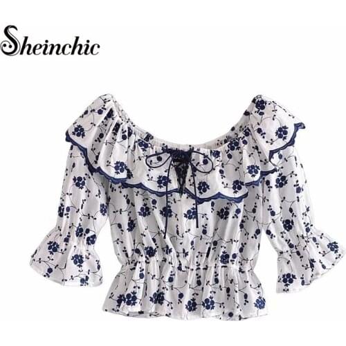 Vintage Cotton Floral Embroidery Womens Tops and Blouses 2021 Summer Elegant Ruffles Blusas Y Camisas