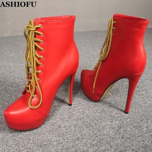 ASHIOFU New Arrival Ladies High Heel Boots Cross-shoelace Party Prom Platform Ankle Boots Stiletto Large Size Evening Boots