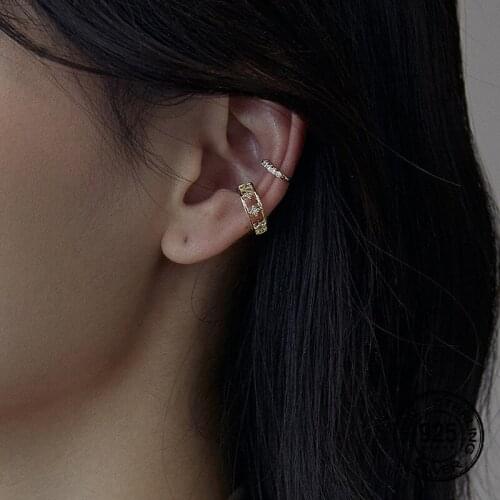 S925 Silver Earrings For Women Single Clip Zircon Stars Hollow Simple Retro Geometric Design Korea Fashion Lady Jewelry INEFFA