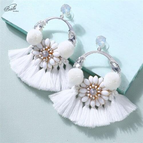 Badu White Flower Tassel Earring for Women Baroque Fashion Jewelry Big Ethnic Dangle Earrings Wholesale Drop Shipping