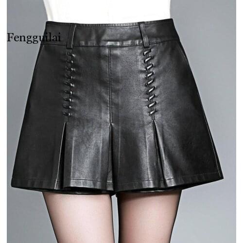 2020 New PU Leather Shorts Female Autumn Winter Plus Size Wide Leg Shorts Women Pleated A Line Casual Shorts Skirts