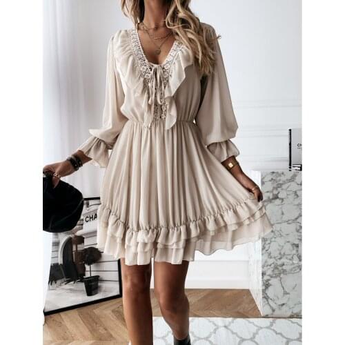 Sexy Lace Womens Party Dress Elegant Long Sleeve Ruffle Chiffon White Dress Summer V Neck Ladies Wedding Clothing 2021