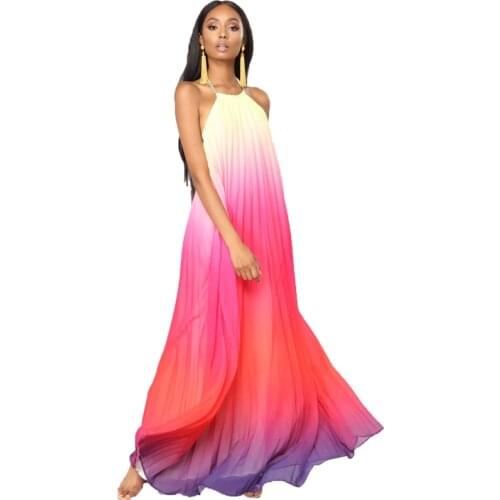 Women desigual vacation boho dress Tie dye halter sleeveless chic maxi dress Backless boho vestido de verano red purple dresses