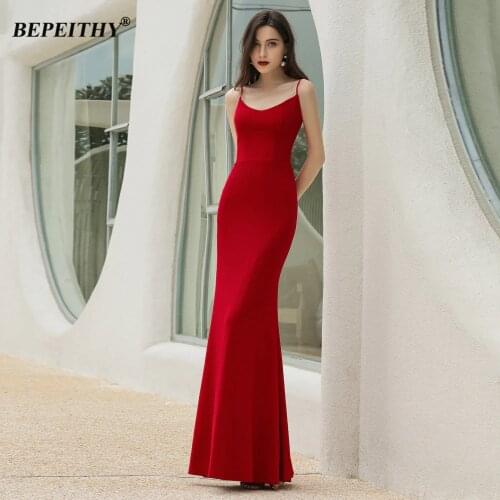BEPEITHY Spaghetti Strap Red Mermaid Prom Dresses Sleeveless Floor Length Evening Gown Party Sexy For Women 2020 New Arrival