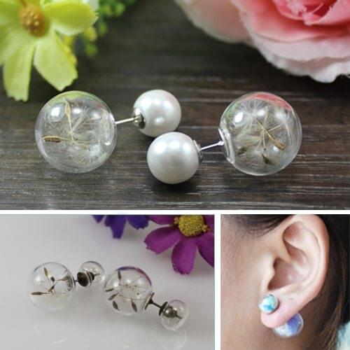 1Pair Double Sided Ball Earrings Dandelion Seeds Earrings Glass Orb Earrings Pearl Earrings For Women