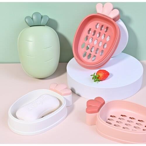 1pc Soap Container with Lid Draining Holder Portable Soap Dish Plastic Creative Design Cute Radish Shape Soap Box Bathroom Ware