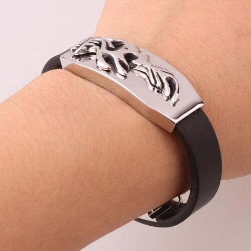 12mm High Quality Stainless Steel Silver Color Dragon Black Leather Wristband Mens Boys Bracelet Bangle Vintage Jewelry 8.66"