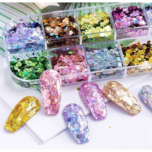 12 Grids/Set nail supplies hexagon holographic glitter nail art decorations decals meramid sequines decals nails accessories set