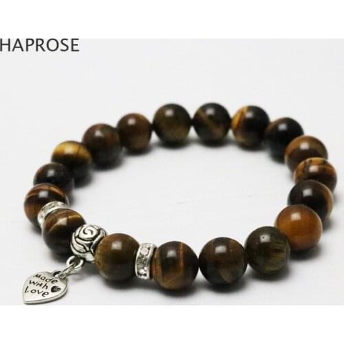 2017 Fashion Natural Stone Yellow Bracelets 10mm For Women Men Tiger eye stone Agates Beaded Bracelet Love pendant gift