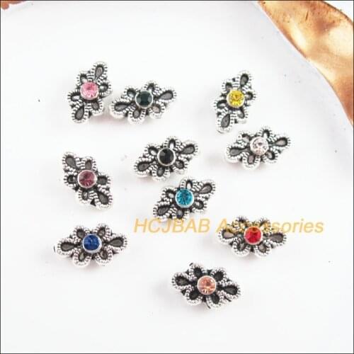 40 New Flower Charms Tibetan Silver Tone Retro Mixed Crystal Spacer Beads 6.5x11mm