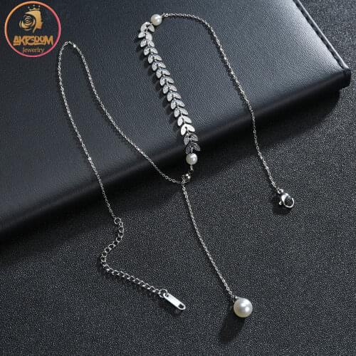 Akizoom Trendy Stainless Steel Necklaces Wheat Shape Choker Pearl Pendant Chain Necklace for Women Girls Jewelry Birthday Gifts