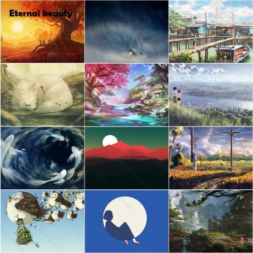 Diy Diamond Painting Couple and Cat Sitting On Maple Tree Watching Sunset Landscape Art Diamond Embroidery Mosaic Art Painting