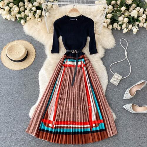 Banulin Spring Elegant Knitted Patchwork Pleated Dress Women O-Neck Half Sleeve Office Work Party Sweater Dress With Belt