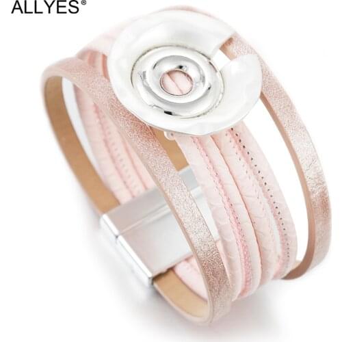 ALLYES Pink Slender Strip Leather Bracelet Jewelry Fashion Round Metal Charm Boho Multilayer Wide Wrap Bracelets Femme Jewelry