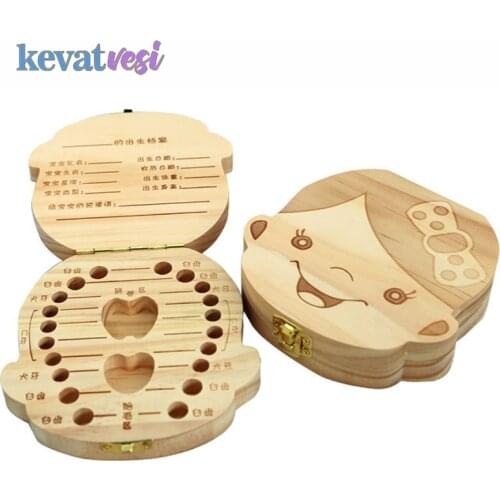 Wooden Kids Baby Tooth Box Organizer English/Russian/French/Spanish Milk Teeth Box for Boy Girl Collect Umbilical Lanugo Case