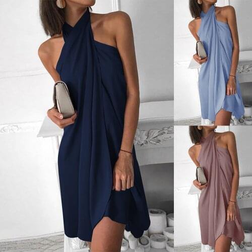 Elegent Women Mini dress Summer Solid Color Loose Dress for Party Night Club Halter Neck Irregular Design Halter Sleeveless 2021