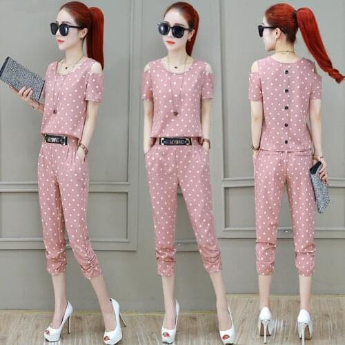 Set Womens Spring Summer 2021 New Korean Style Slim-Fitting Suit Short-Sleeved T-Shirt Cropped Trousers Two-Piece Female A313