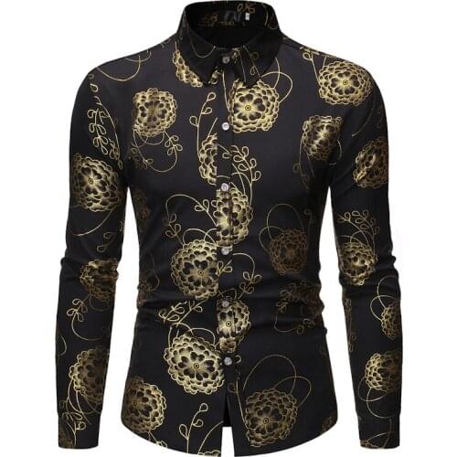 Mens Nightclub Gold Floral Bronzing Dress Shirt Slim Fit Long Sleeve Shirt Men Chemise Homme Party Dinner Wedding Camisas XL