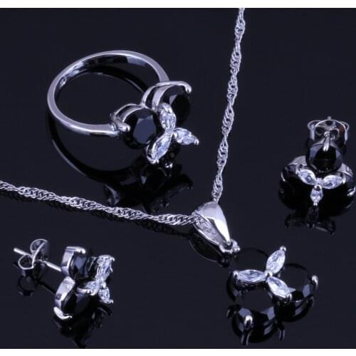 Hot Sell ! Black Cubic Zirconia White CZ Silver Plated Jewelry Sets Earrings Pendant Ring Size 6 7 8 9 10 V0001