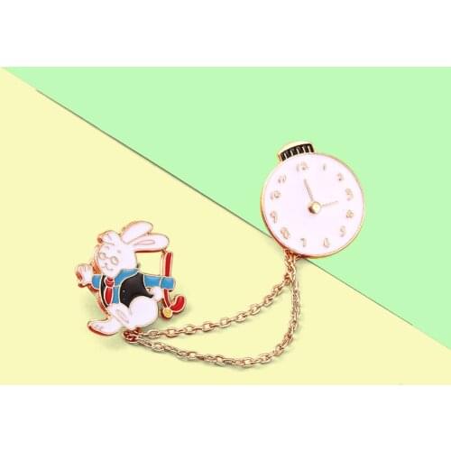 Cute Rabbit Clock Enamel Lapel Pins Chain Brooches Backpack Badges Accessories Gifts for Friend Women Men Custom Jewelry