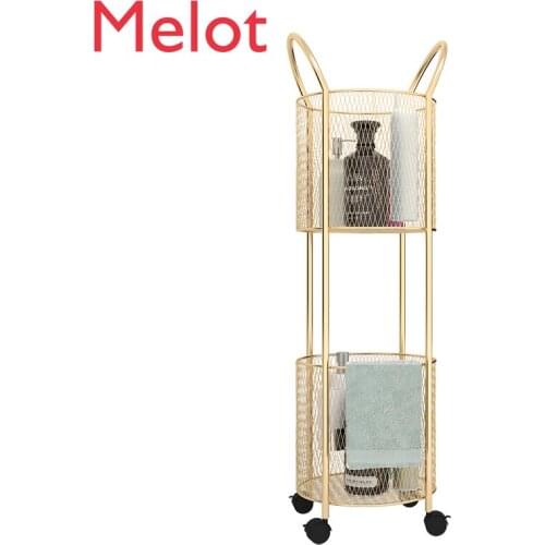 Chuangsheng Storage Rack Iron Multi-Layer with Wheels Storage Basket Living Room Floor Golden Cylindrical Storage Rack Trolley