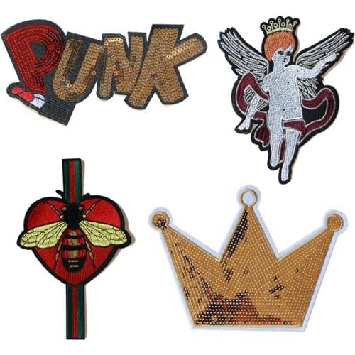 Cartoon Decorative Patch Punk Angel Love Bee Sequin icon Embroidered Applique Patches For DIY Iron on Badges on clothes Stickers