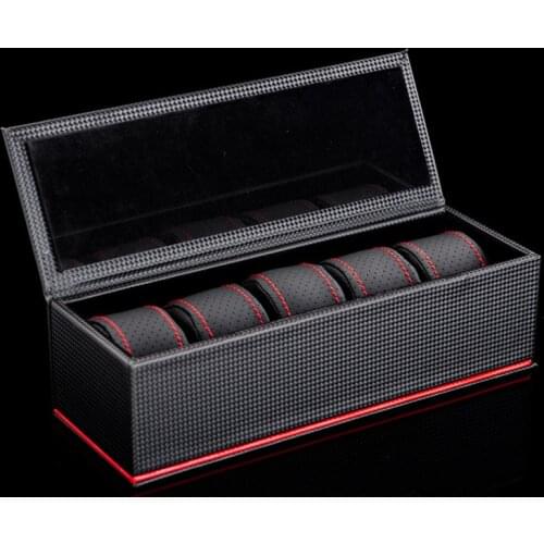 New 5 Slots Leather Watch Storage Box Case Black Carbon Fibre Watch Display Box Mens Mechanical Watch Gift Case W028