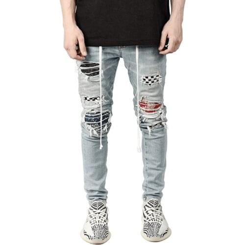 Brand New Men Slim Fit Ripped Jeans, Hip-hop Style, Chic Stitching Design Hole Denim Skinny Distressed Spring Clothing