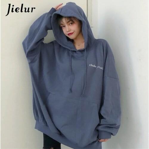 Jielur Autumn Fashion BF Harajuku Womens Sweatshirt Korean Hooded Letters Print Tracksuit Loose Thin White Gray Women Hoodies