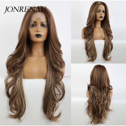 JONRENAU Long Mixed Dark Brown with Highlight Lace Front Synthetic Hair Wigs Body Wave for Black Women Afro Lace Hair Wig