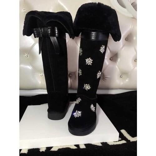 Hot Winter Glitter Crystal Snow Flowers Studs Snow Boots Over the Knee Botas Women Warm Plush Collar Down Back Bowtie Boots