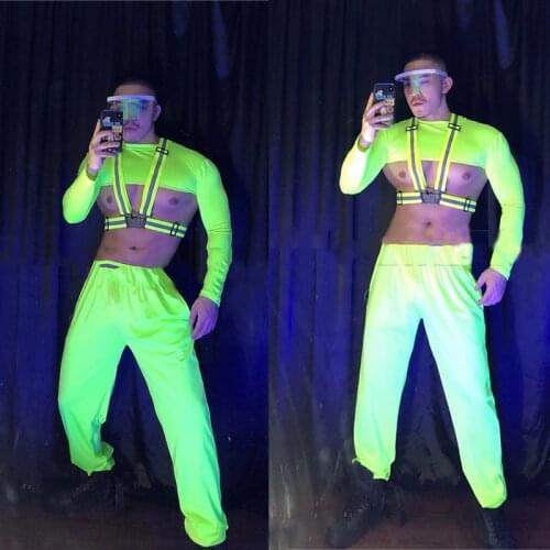 Hip Hop Jazz Dance Costumes for Men Fluorescent Green Suit Male Dj Ds Gogo Rave Outfits Festival Clubwear Stage Costume XS2132