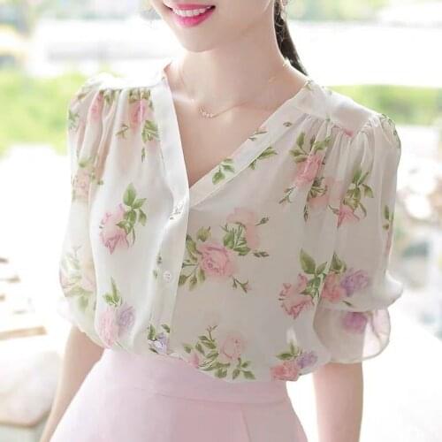 Print Chiffon Shirt Sweet V-neck Short Sleeve Women Blouse 2021 New Spring Summer Womens Clothing Blusas