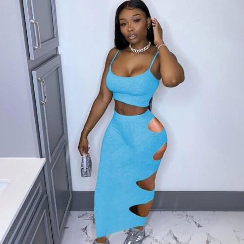 Sexy Bodycon Two Piece Set Women Skirt Summer Clothes for Women Crop Top Maxi Skirt Suits Cut Out Party Club Outfits Jupe Femme