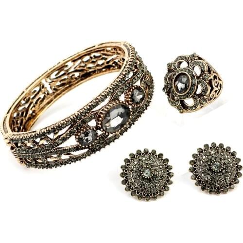 SUNSPICEMS Fashion Gray Stone Turkey Jewelry Cuff Bracelet Round Stud Earring Flower Rings Full Rhinestone Ethnic Party Gift New